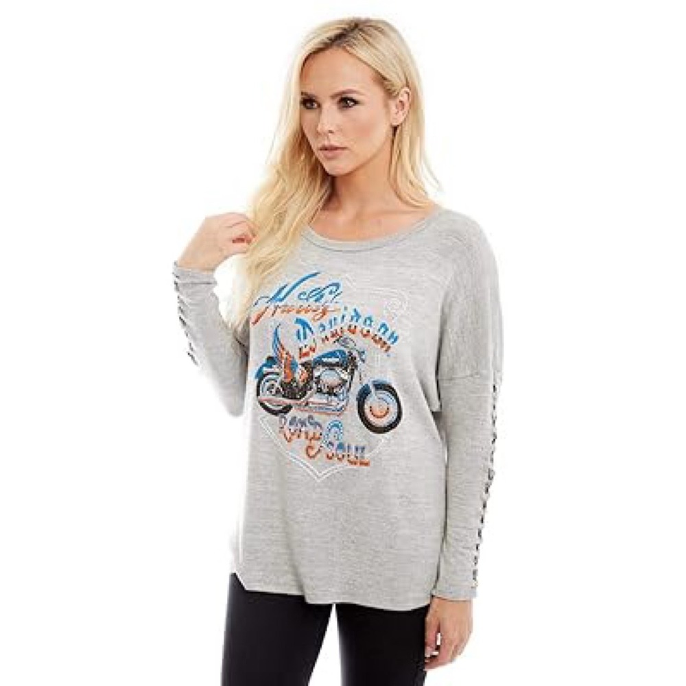 Harley Davidson‎ Womens Road Soul Rhinestone Top 2X Grey Long Sleeve Biker Y2K - Picture 2 of 9